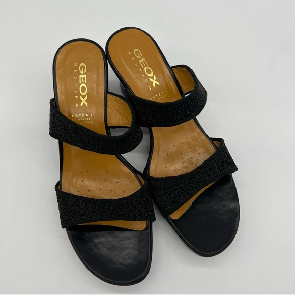 Geox Respira Leather Wedge Slide Sandals Black Slip-On Women 10 US Comfort - Picture 2 of 14